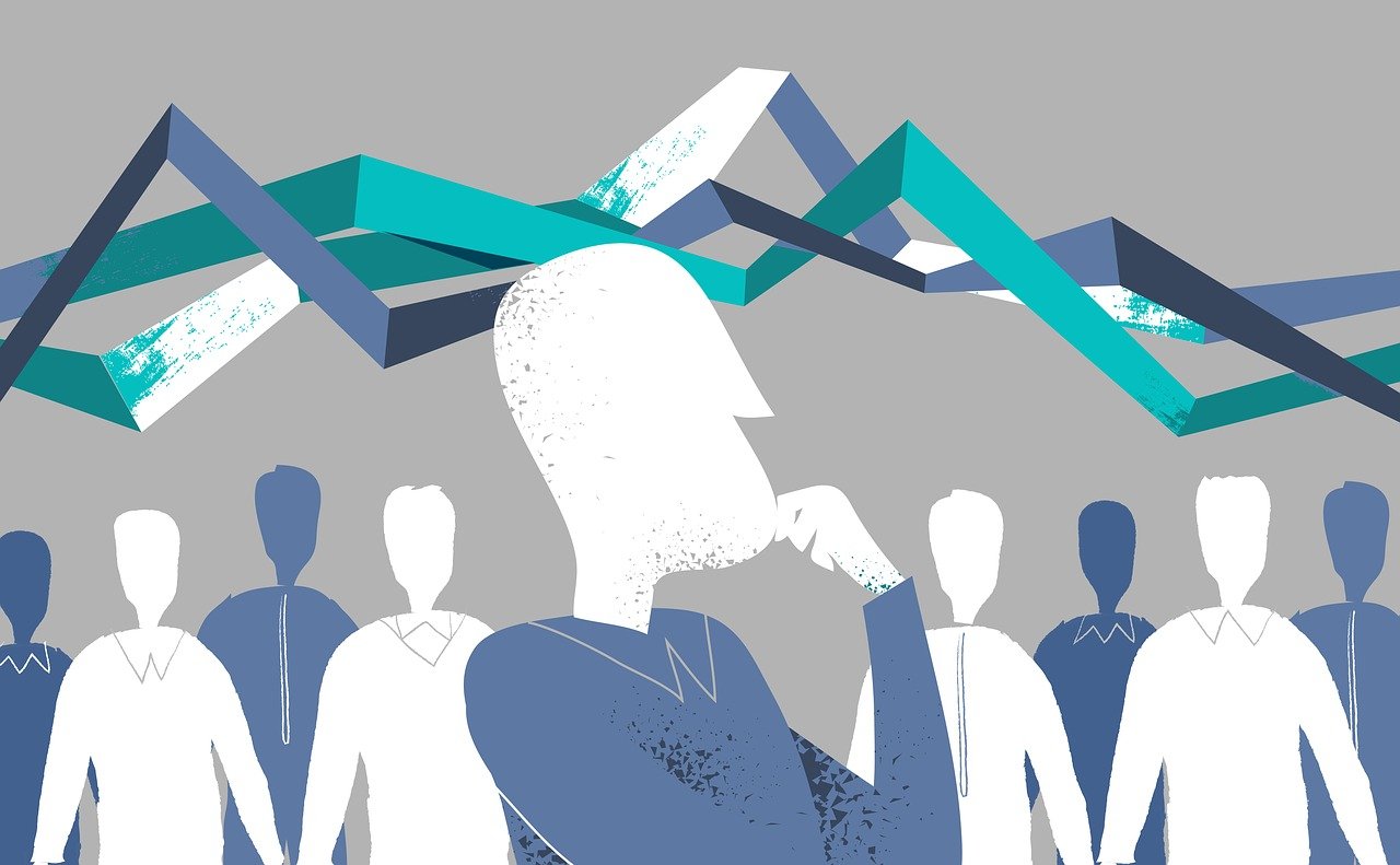 A stylised image of people with graph lines above them